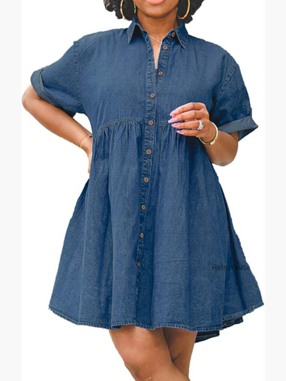 Button Down Ruffle Tiered Jean Dress Babydoll Mini Loose Fit Casual Daily Wear